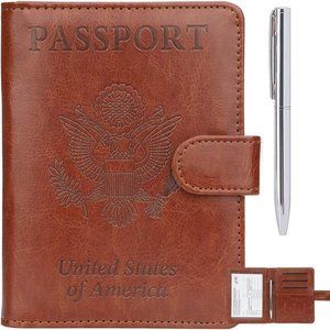 Brown Leather Passport Holder Cover Case RFID Blocking Travel Wallet